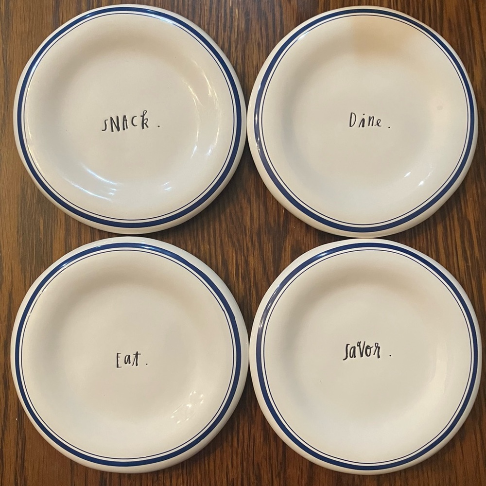 Rae Dunn NWT Set/4 Snack Plates Wht/Blu Small Dessert Apps NEW Dishes